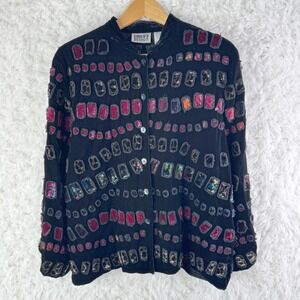 Chicos Design Black Velvet Blazer Jacket Geometric Pattern Pink Leopard Size 2 L